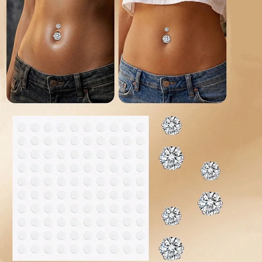 Authentic Fake Belly Piercing Cubic Zirconia Fake Belly Button Rings,Stick On Navel Ring Studs Non Piercing Fake Piercing Jewelry