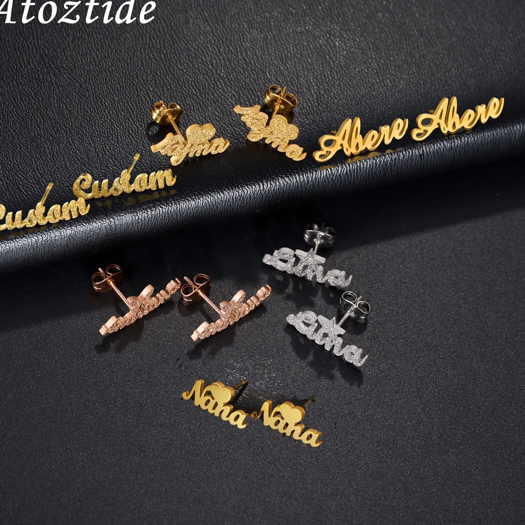 Authentic Atoztide Personalized Custom Frosted Name Stud Earring Heart Star for Women Customized Christmas Jewelry