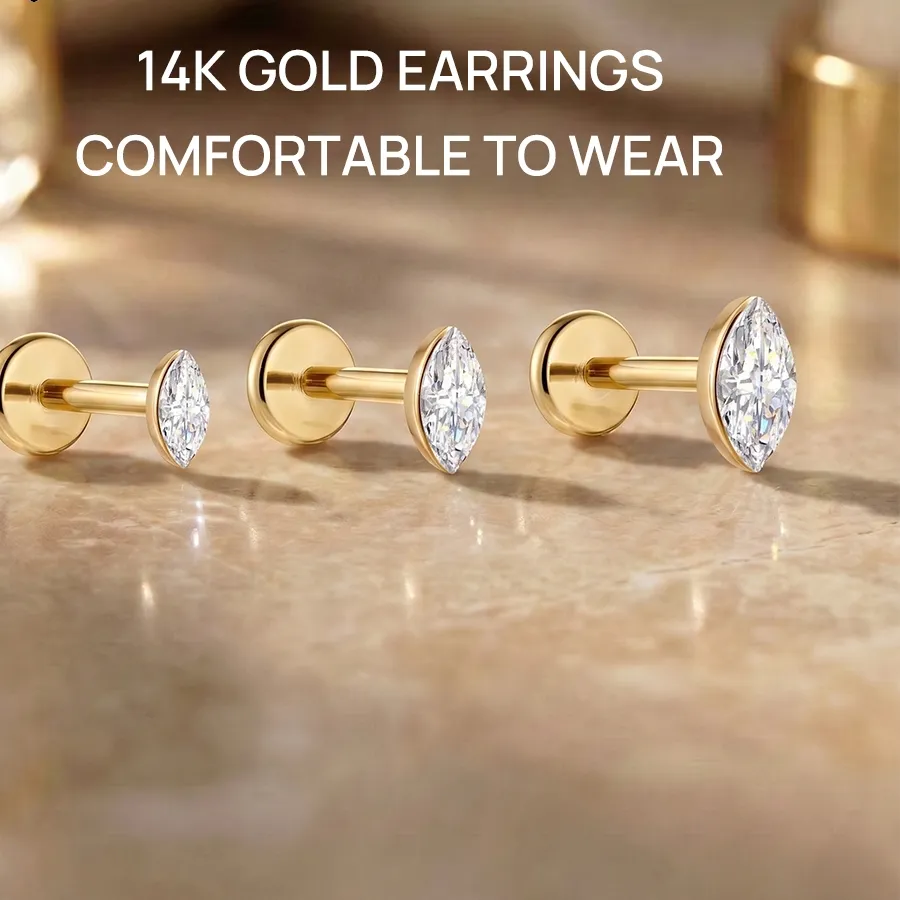 Authentic Canner 1Pc 14K Solid Gold Delicate 3 4 5Mm Horse Eye Cz G23 Piercing Flat Back Stud Earring Ear Bone Jewelry