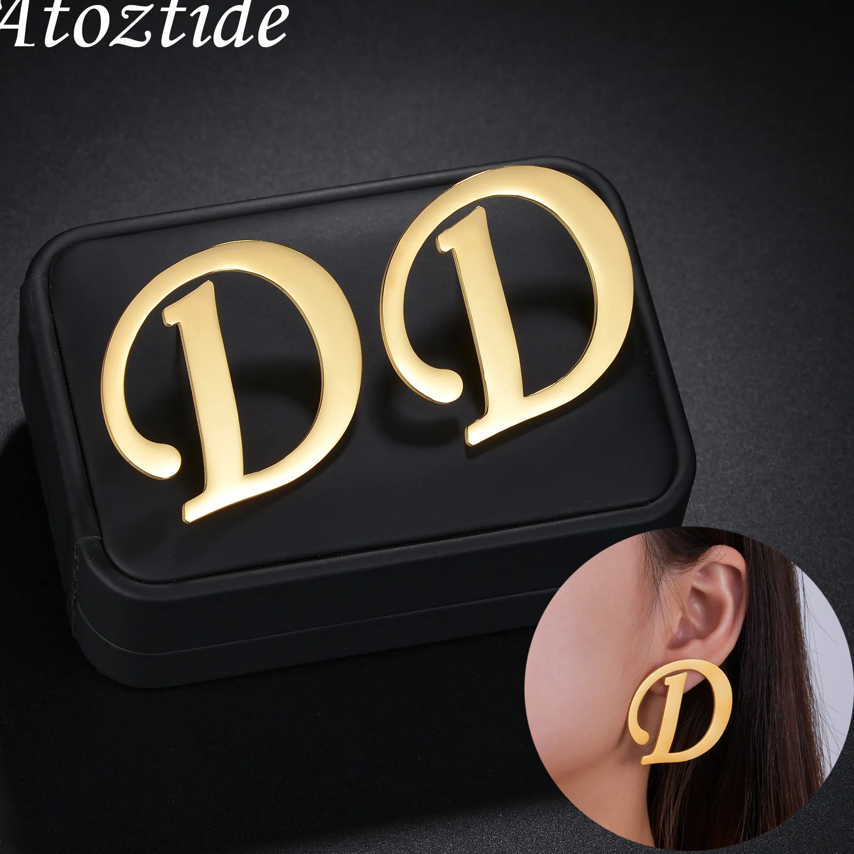 Authentic Atoztide Personalized Customized Big Letter Name Earring Stud Stainless Steel For Women Girl Fashion Ear Studs Jewelry Gift