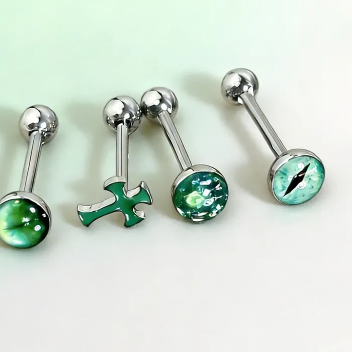 Authentic 1Pc High-Quality Trendy Green Sparkling Cross Magic Pupil Titanium Tongue Stud - Hot Girl Body Piercing Party Jewelry