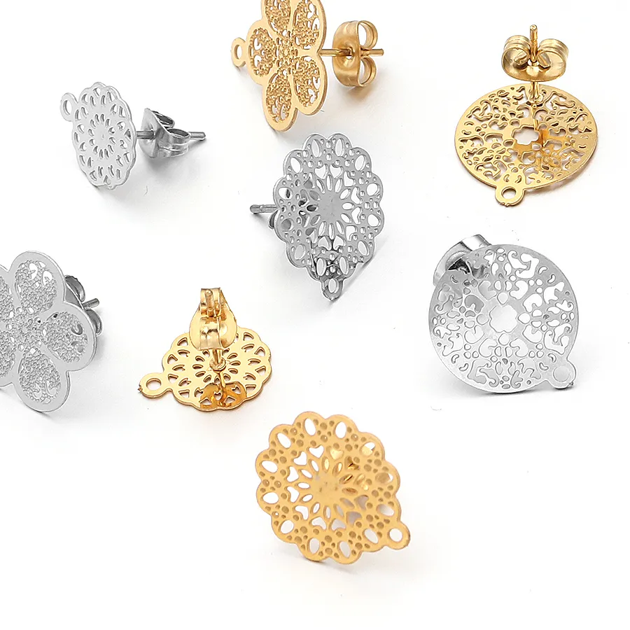 Authentic 2pcs Flower Ear Studs Metal Hollowed Out Earrings Base With Earplugs For DIY Jewelry Making Earrings Accessories