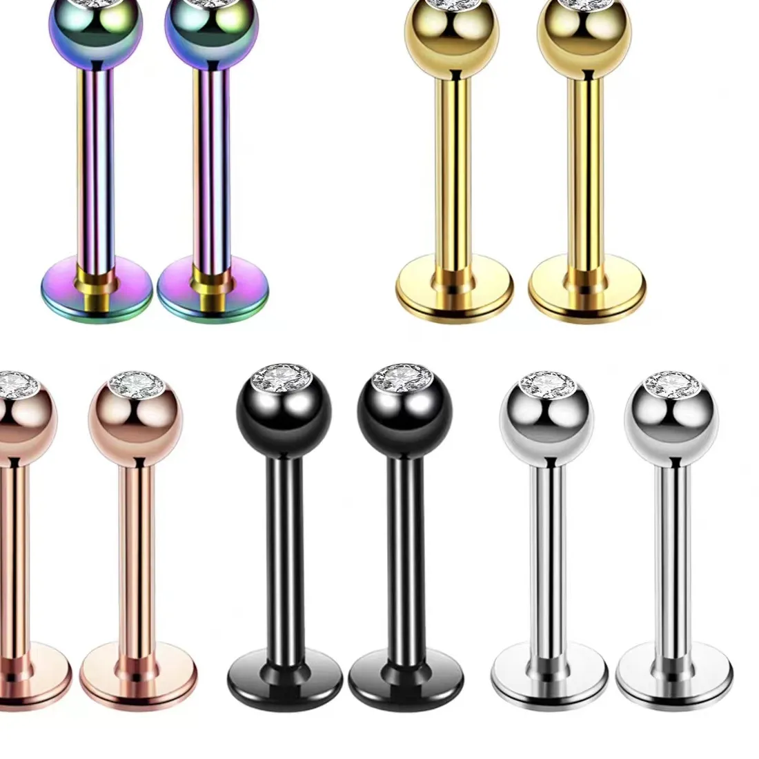Authentic 16G Surgical Ball Top CZ Lip Septum Stud Labret Tragus Piercing Jewelry Earring, 6mm / 8mm / 10mm Cubic Zircon Ear Stud