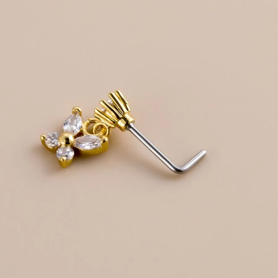 Authentic Piercing Nose Studs Crystal Zircon L Screw Rod Butterfly Pendant Nose Ring Goth Pierc Body Jewelry Daily Wear
