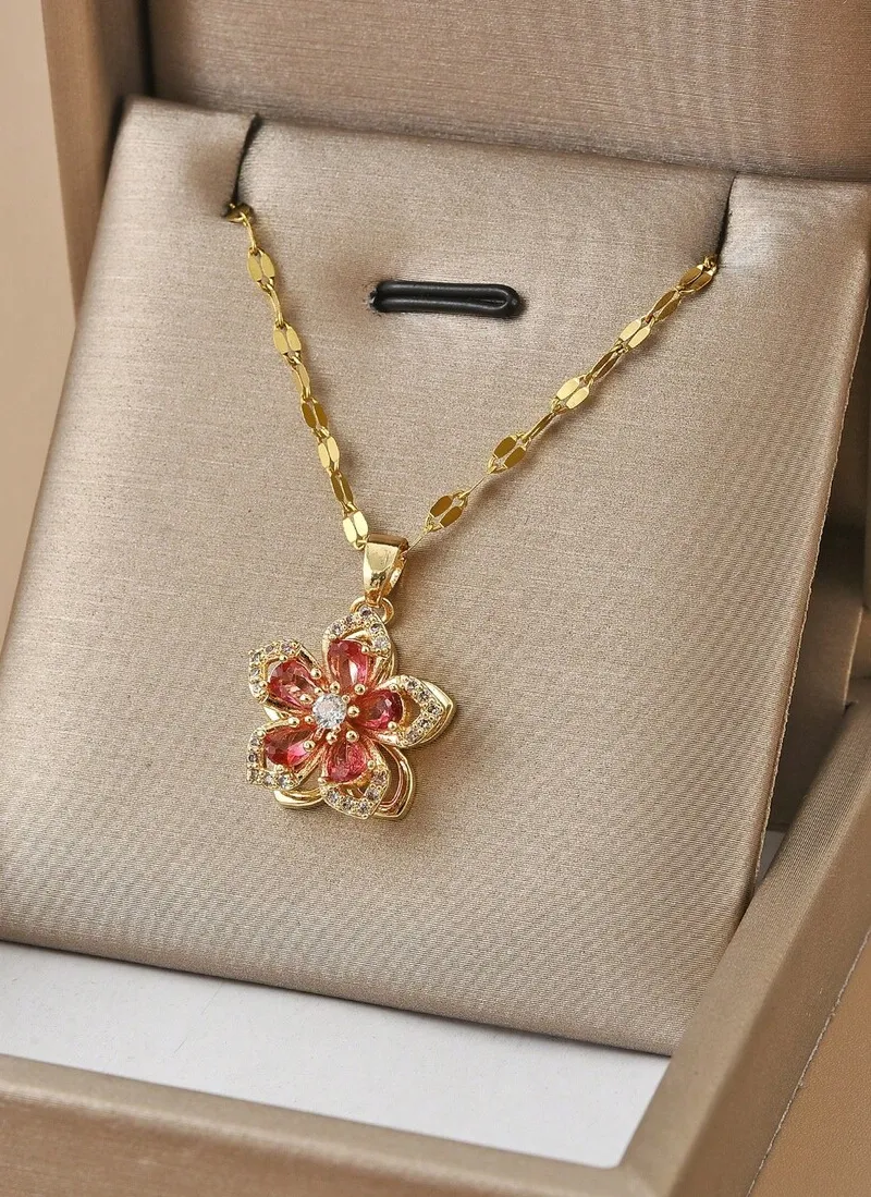 Authentic 1pc Stainless Steel 5-Petal Rotating Flower Necklace, Suitable For Women's Daily Wear, Women's Gold Color Necklace, High-Quality