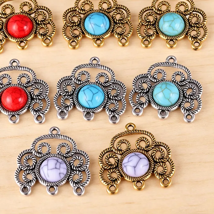 Authentic MJYA 5pcs/lot Vintage Turquoise Connector Charms Hollow Flower Pattern Design For DIY Jewelry Making Supplies Accessories