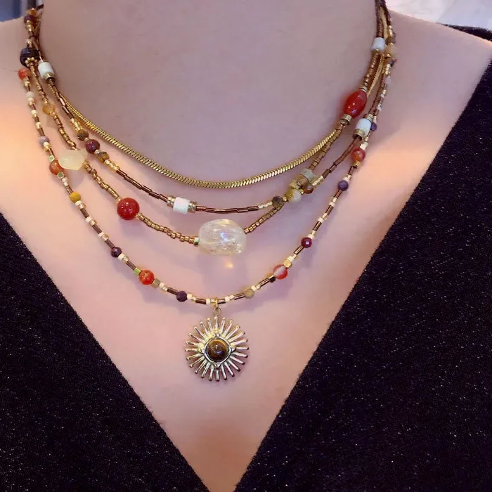 Authentic Czech Rice Bead Sunflower tiger Eye Stone Handmade Beaded Laminated Titanium Steel Clavicle Chain Popular Beaded Necklace