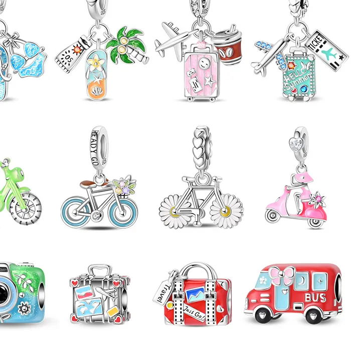 Authentic 925 Sterling Silver Summer Outing Bicycle Camera Luggage Charms Pendants For Women Fit Original Bracelet DIY Jewelry Gifts
