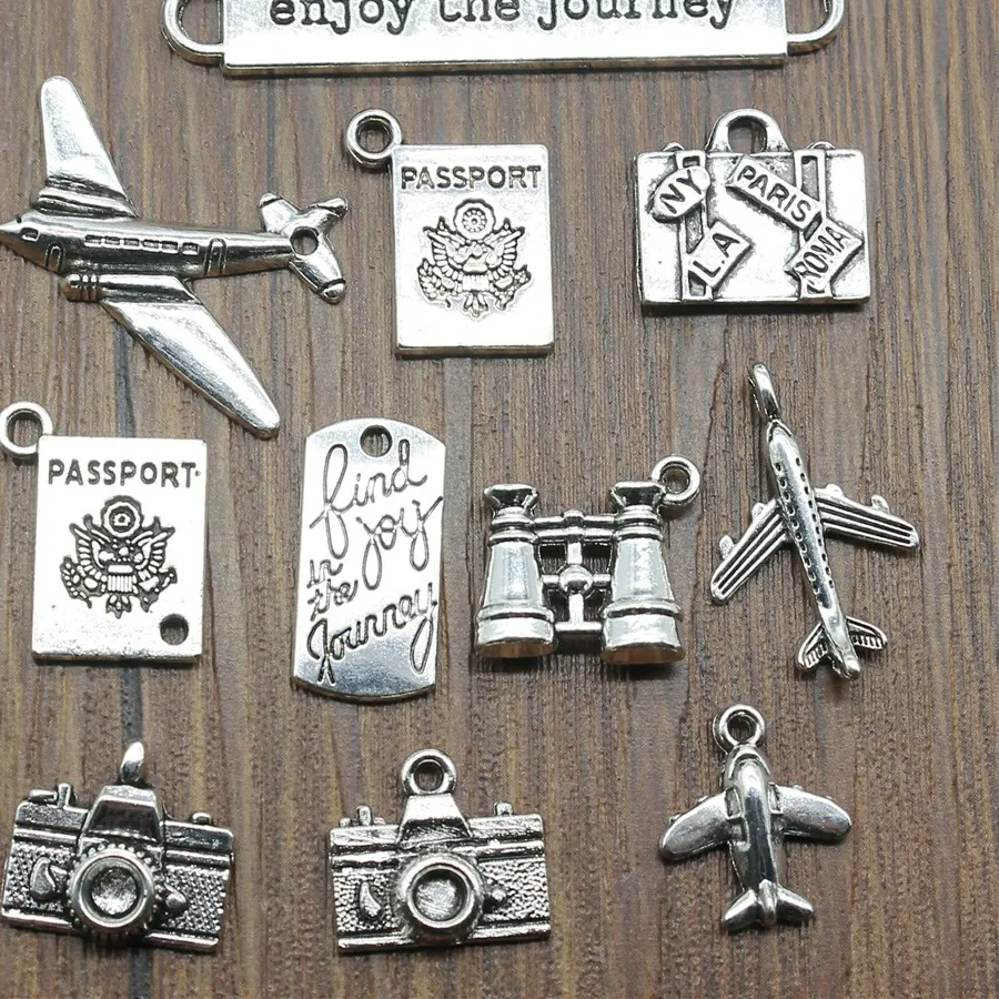 Authentic 10Pcs Travel Charms Journey Charms Jewelry Making Aircraft Camera Passport Trunk Charms For Bracelet Making