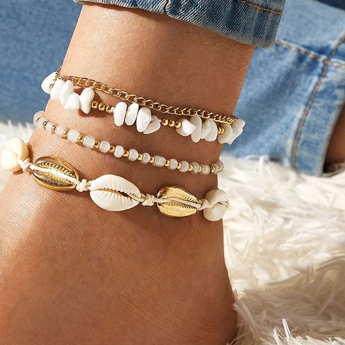 Authentic docona Boho Handmade Shell Seed Beads Anklet Set for Women Multilayer Broken Stones Summer Ocean Beach Foot Chains Jewelry 9426