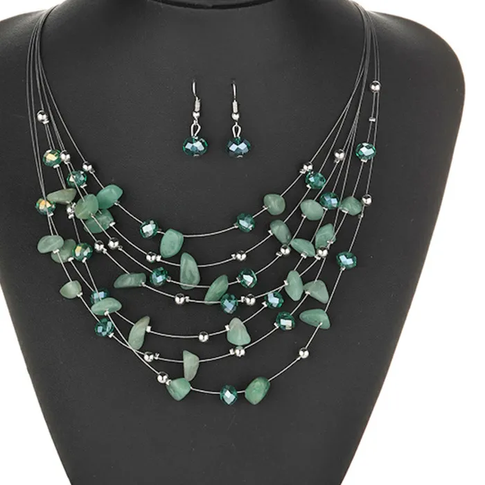 Authentic Fashion Jewelry Sets Bohemian Broken Stone Crystal Multi-layer Necklace and Earrings Set For Women Simple Boho Beach Accessories