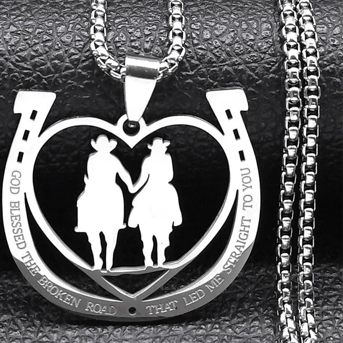 Authentic God Blessed The Broken Road That Let Me Straight To You Horse Shoes Necklace Stainless Steel Heart Couple Chain Jewelry NZZZ542