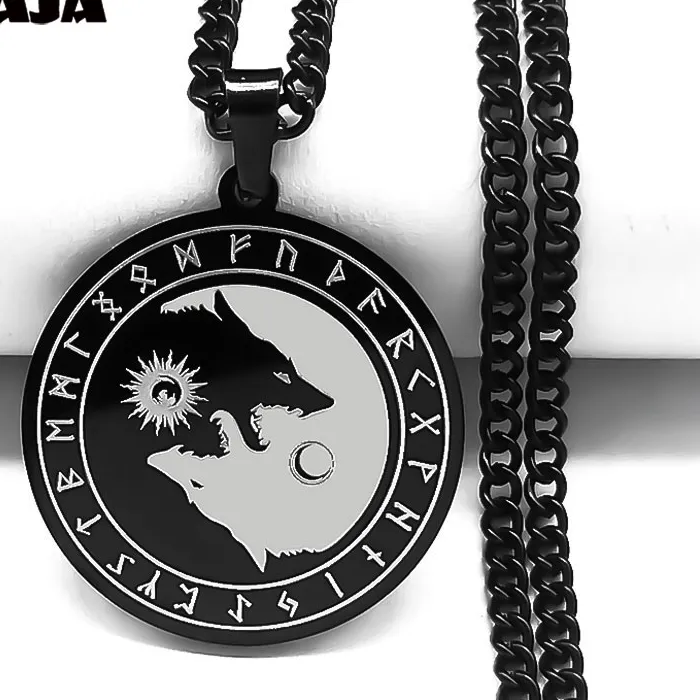 Authentic Viking Divination Letter Yin and Yang Wolf Chain Necklaces Women/Men Black Color Necklace jewlery NXH284S03