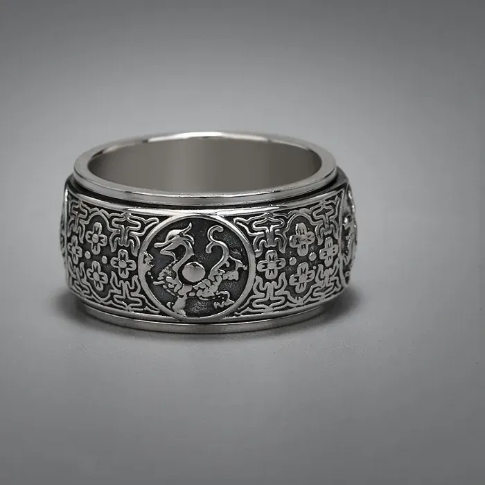 Authentic Classic Style Rotatable/Four Great Divine Beast Domineering 925 Silver Mens Rings Vintage Wide Ring Exquisite Charm Jewelry