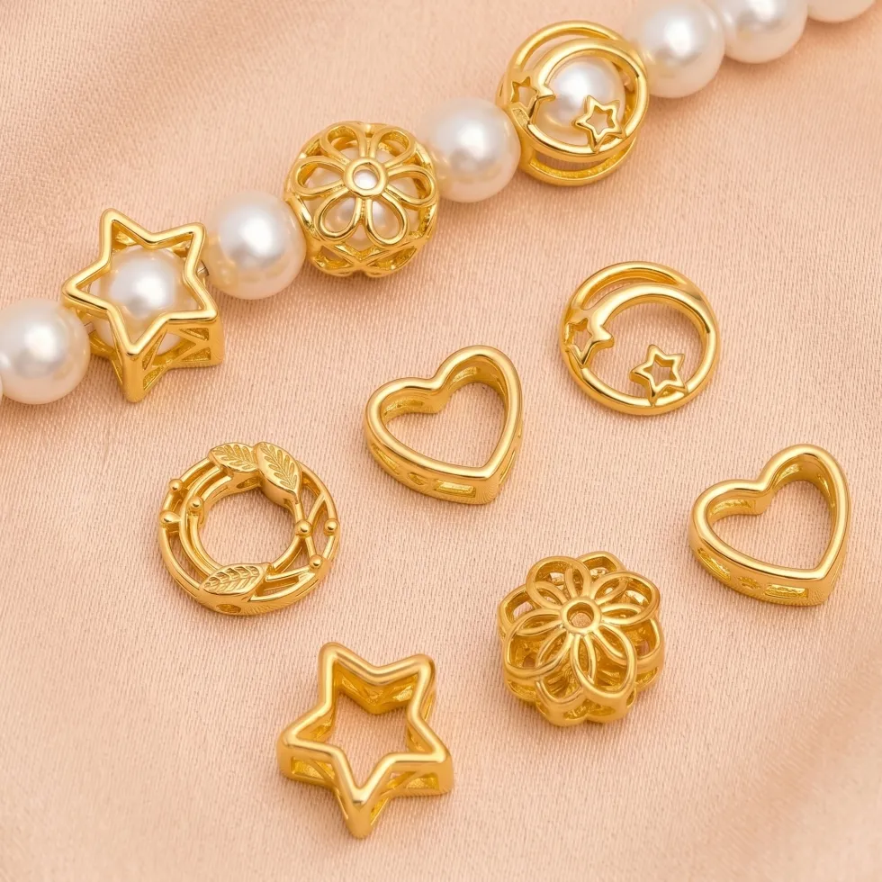 Authentic 10pcs 18K Gold Plated Heart Star Frame Beads Spacer Petal Blossom Connector Link DIY Bracelet Earrings Beading Jewelry Making