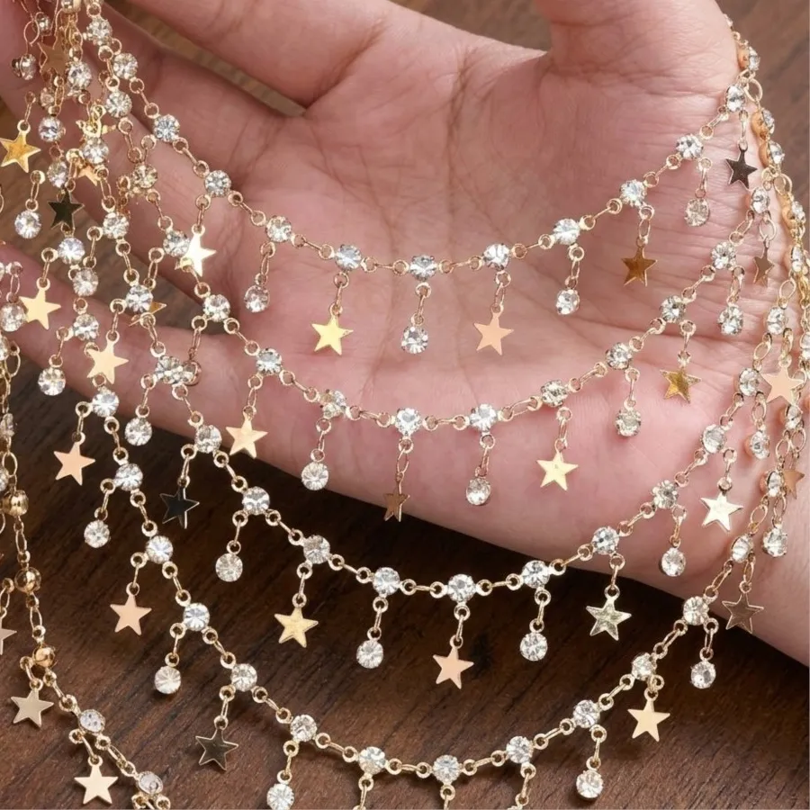 Authentic 1Meter Sparkling Rhinestone Star Beaded Tassel Chains DIY Bracelet Necklace Jewelry Making Supplies Clothing Accessories