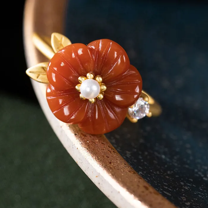Authentic Red Natural Jade Flower Rings Stone Adjustable Ring Accessories Talismans Real Jewelry Lucky