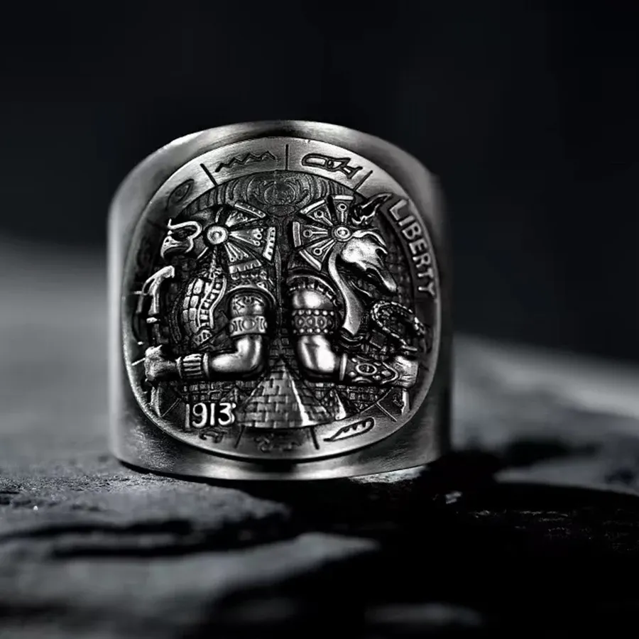 Authentic Ancient Egypt Thai Silver Open Ring Vintage Mythology Death Anubis Horus Rings for Men Totem Amulet Jewelry Christmas