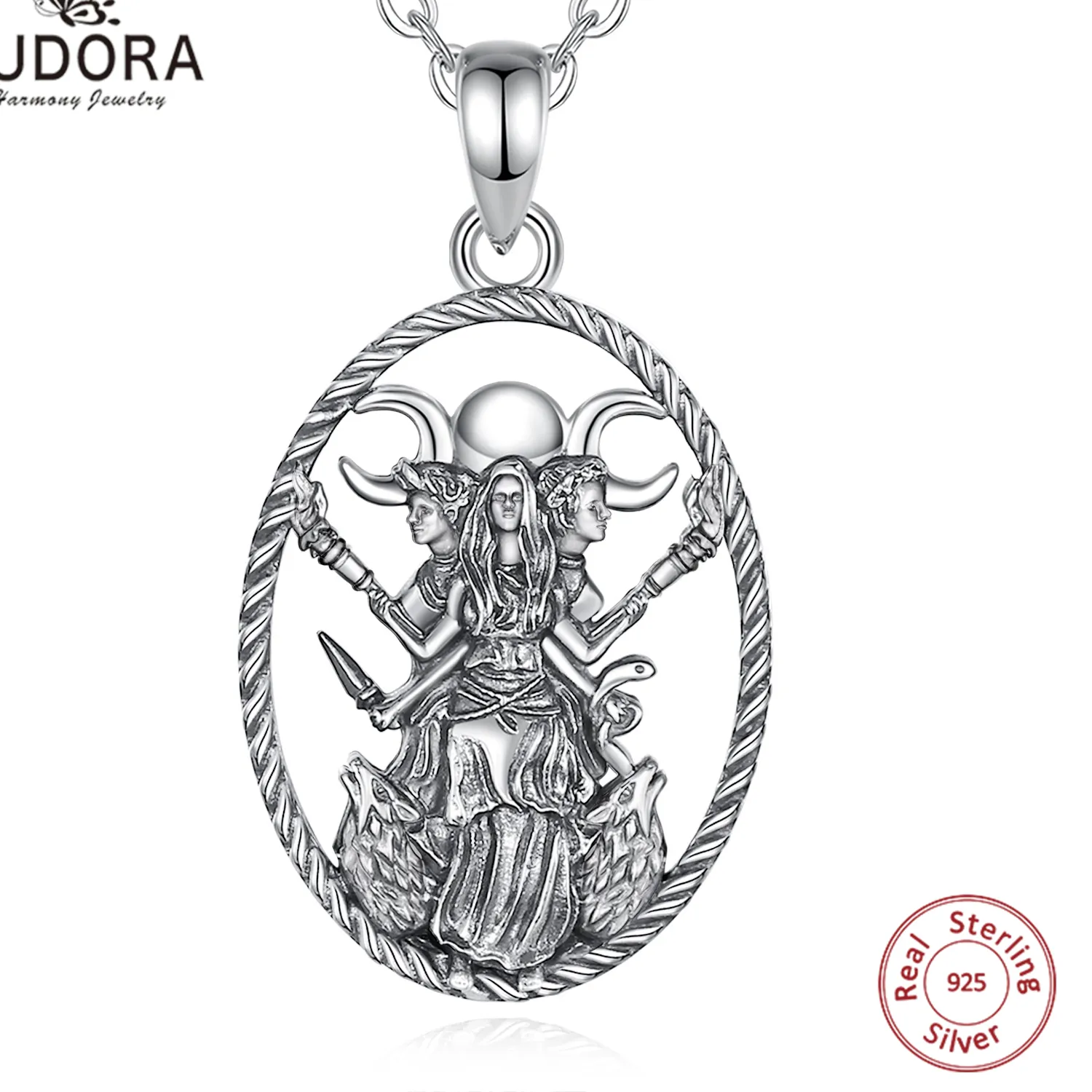 Authentic Eudora 925 Sterling Silver Triple Moon Goddess Necklace Dog Hecate Amulet Pendant vintage Triple Goddess Jewelry Personality Gif