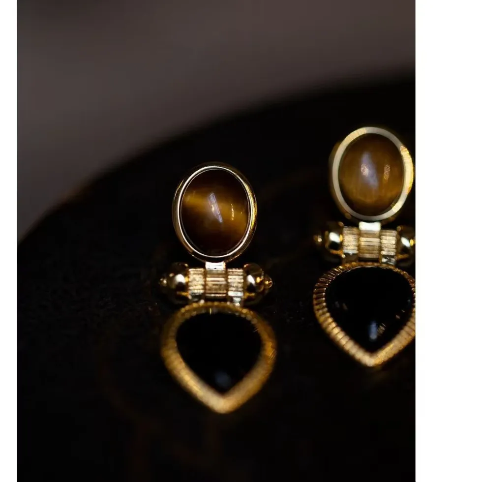 Authentic 14K Gold Filled Designer Retro Tiger's Eye Teardrop Ear Drop Dangle Personality Natural Stone Hook Cuff Earrings Greece Jewelry
