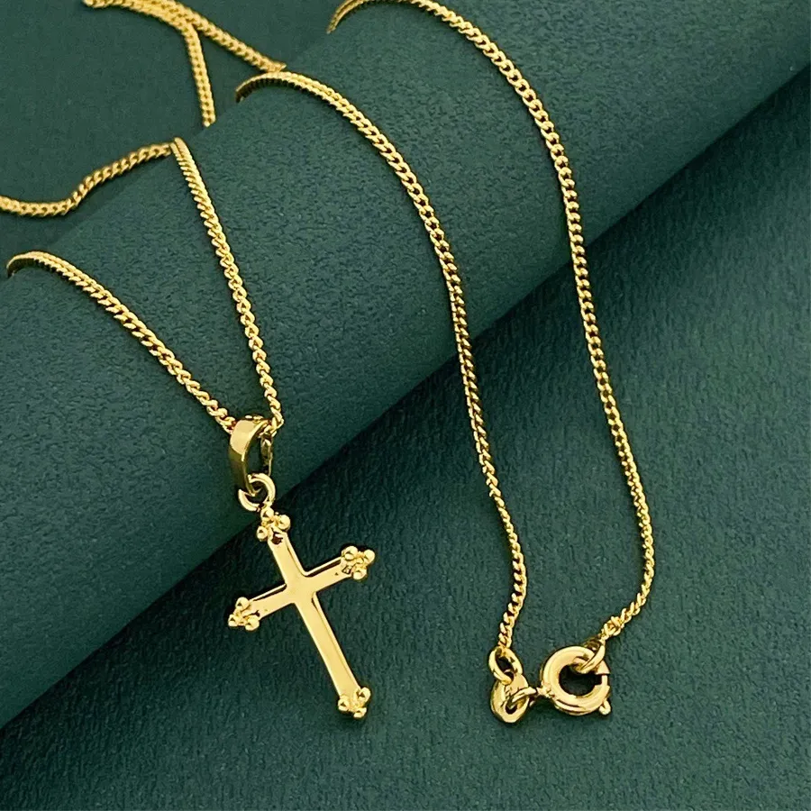 Authentic Women's 24K Gold (AU999) Delicate Cross Pendant | Gilt Cross with Hand-Chiseled Vine Patterns, Matte Base & Turquoise Inlays