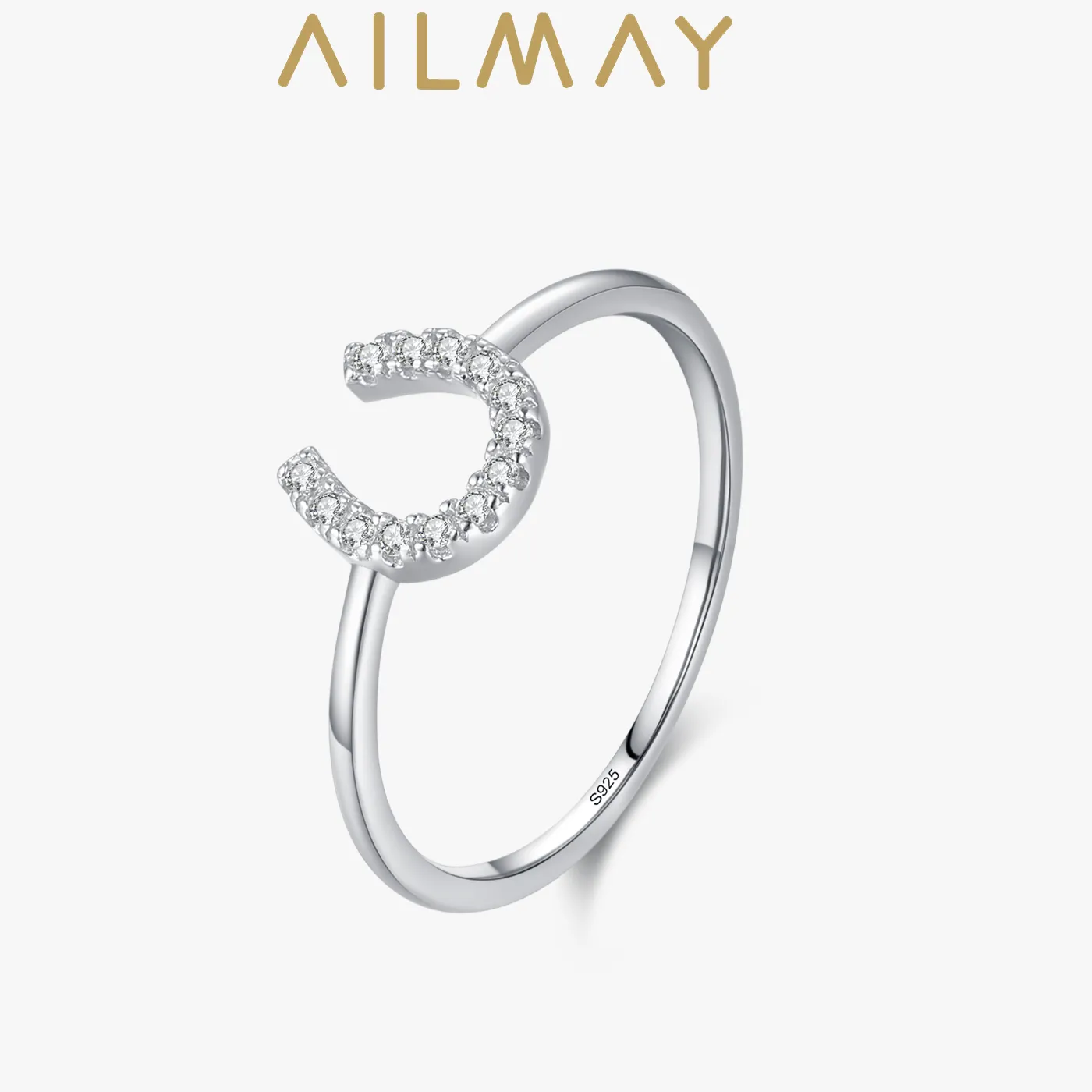 Authentic Ailmay 925 Sterling Silver U Shape Hollow out Hoop Sparkling CZ Finger Ring For Women Wedding Engagement Fine Jewelry