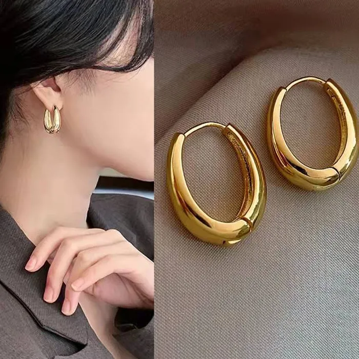Authentic Vintage Gold Color U Earrings For Women Metal Earing Jewelry 2024 Trending Korean Silver Color Oval Hoop Earrings JN9