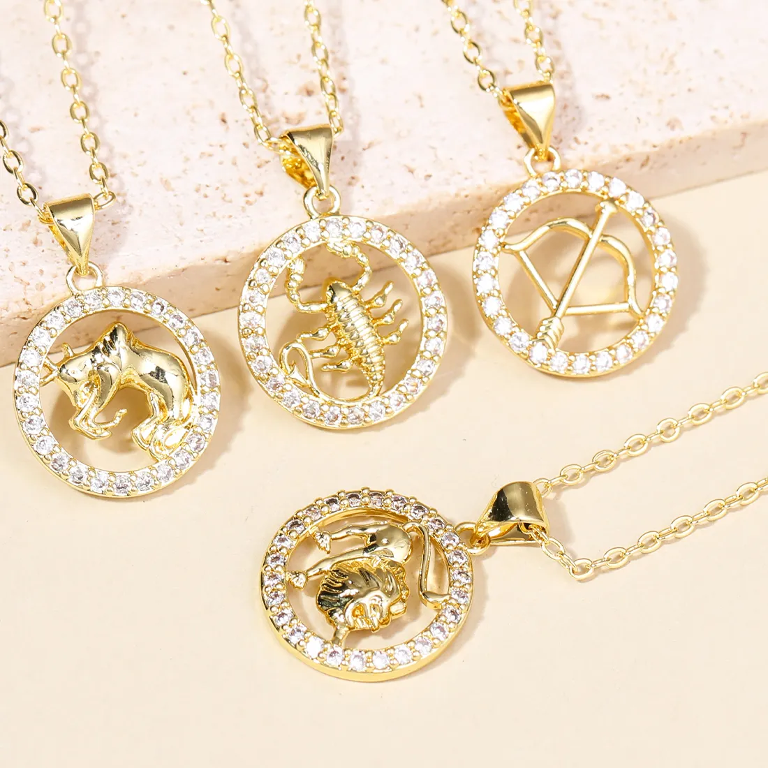 Authentic 12 Zodiac Necklace Gold Plated, Constellation Pendant Chain Collar Birthday Jewelry