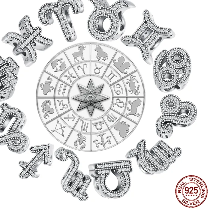 Authentic WOSTU Original Constellation Beads 925 Sterling Silver 12 Zodiac Zircon Charms Fit For DIY Bracelet Jewelry Making Lucky Gift