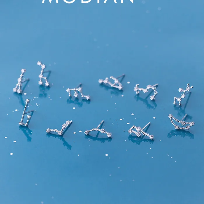 Authentic Modian Exquisite Twelve constellations Cute Lady Crystal Leo Aquarius Stud Earrings For Women 925 Sterling Silver Fine Jewelry