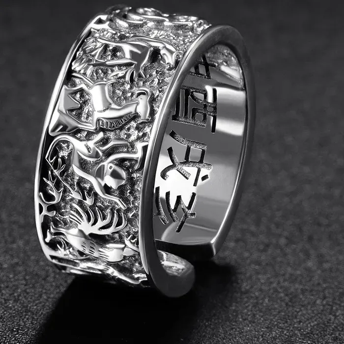 Authentic Stereoscopic Embossed Design Zodiac Mens Rings Retro Opening Adjustable Wide Ring New 925 Silver Manly Handsome Banquet Jewelry