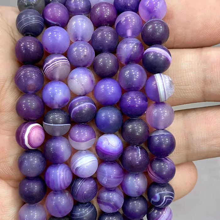 Authentic Matte Banded Purple Lace Agates Natural Stone Beads Diy Bracelet Necklace Pendant for Jewelry Making 15" Strand 4 6 8 10 12 14MM