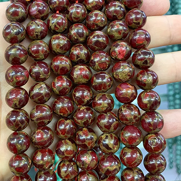 Authentic Naturally Golden Stripe Red Cloisonne Stone Round Beads for Jewelry Making DIY woman Bracelets Half chain 15" Inch 4/6/8/10/12MM