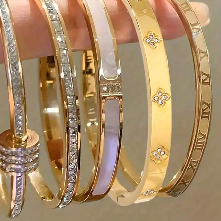 Authentic ZAKOL 5/1pcs Sparkling Zirconia Inlaid Stainless Steel Bracelet Set for Women Stackable Bangles Fashion Non Fading Jewelry Gift