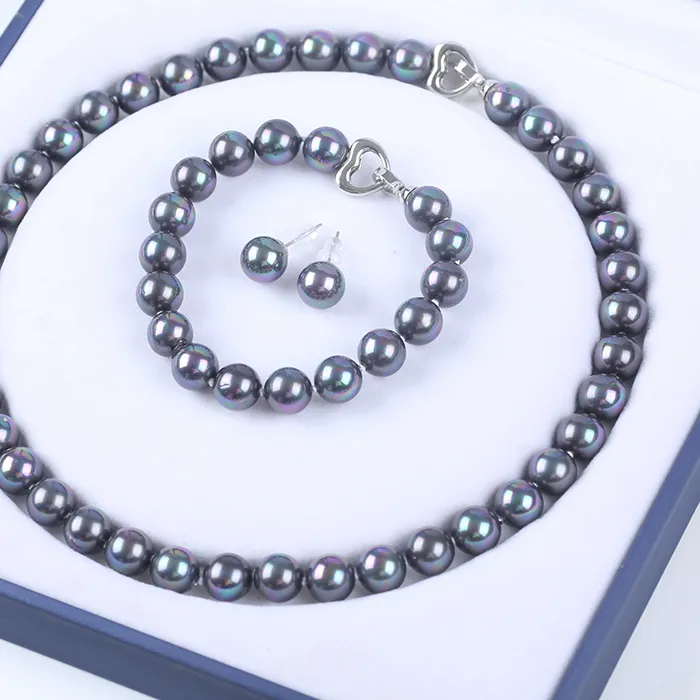Authentic 10/12mm Tahiti Black/grey Color Natural Round Shape Shell Beads Mother of Pearl Jewelry Set