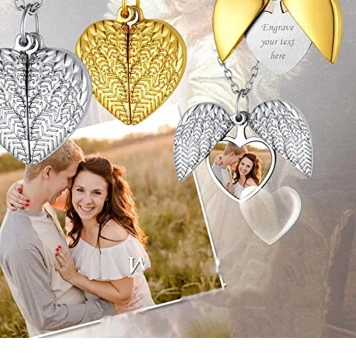 Authentic Custom Photo Heart Locket Necklace Personalized Picture Angel Wings Locket Necklace Customized Text Name Momen Jewelry