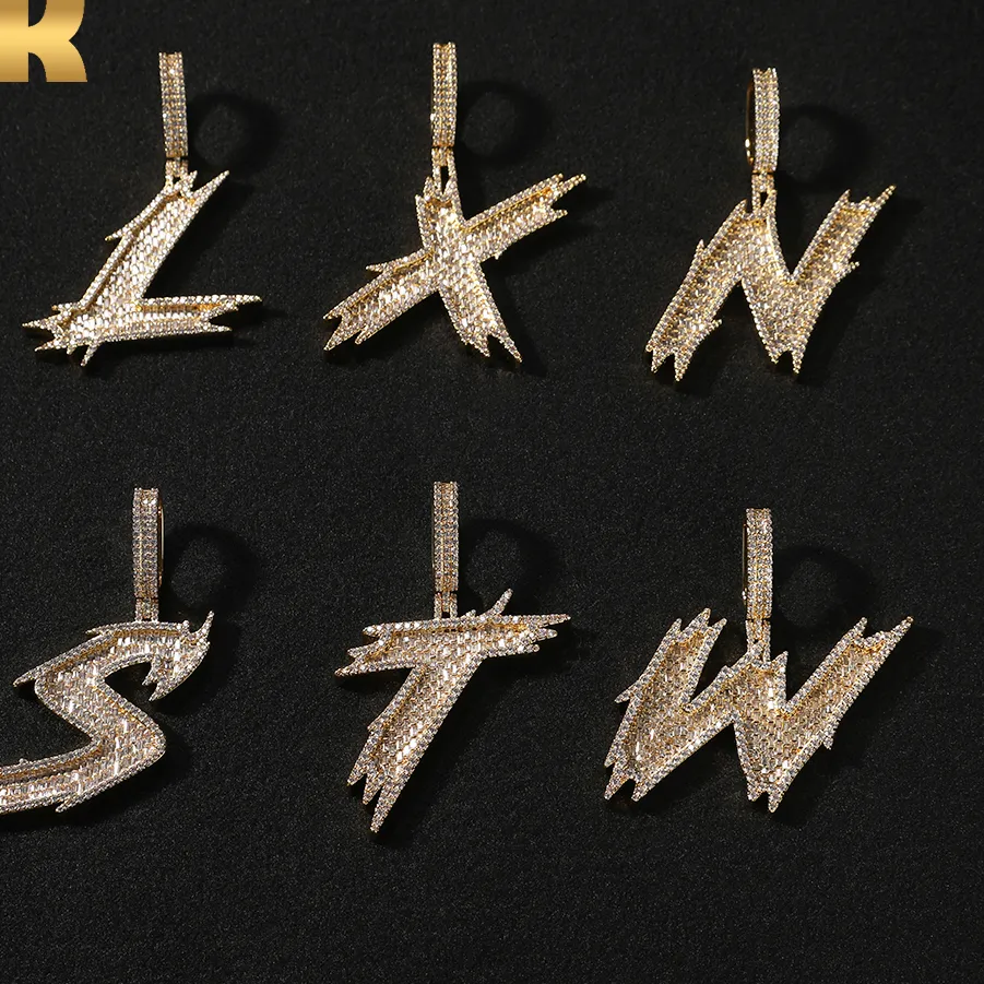 Authentic THE BLING KING Thorns Cursive Initial Letter A-Z Micro Paved Out 5A Cubic Zirconia Charm Necklace Hiphop Jewelry