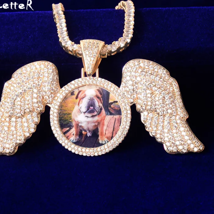 Authentic Bubble Letter Solid Back Wing Down Circle Picture Photo Pendant Micro Pave Hip Hop Rock Jewelry