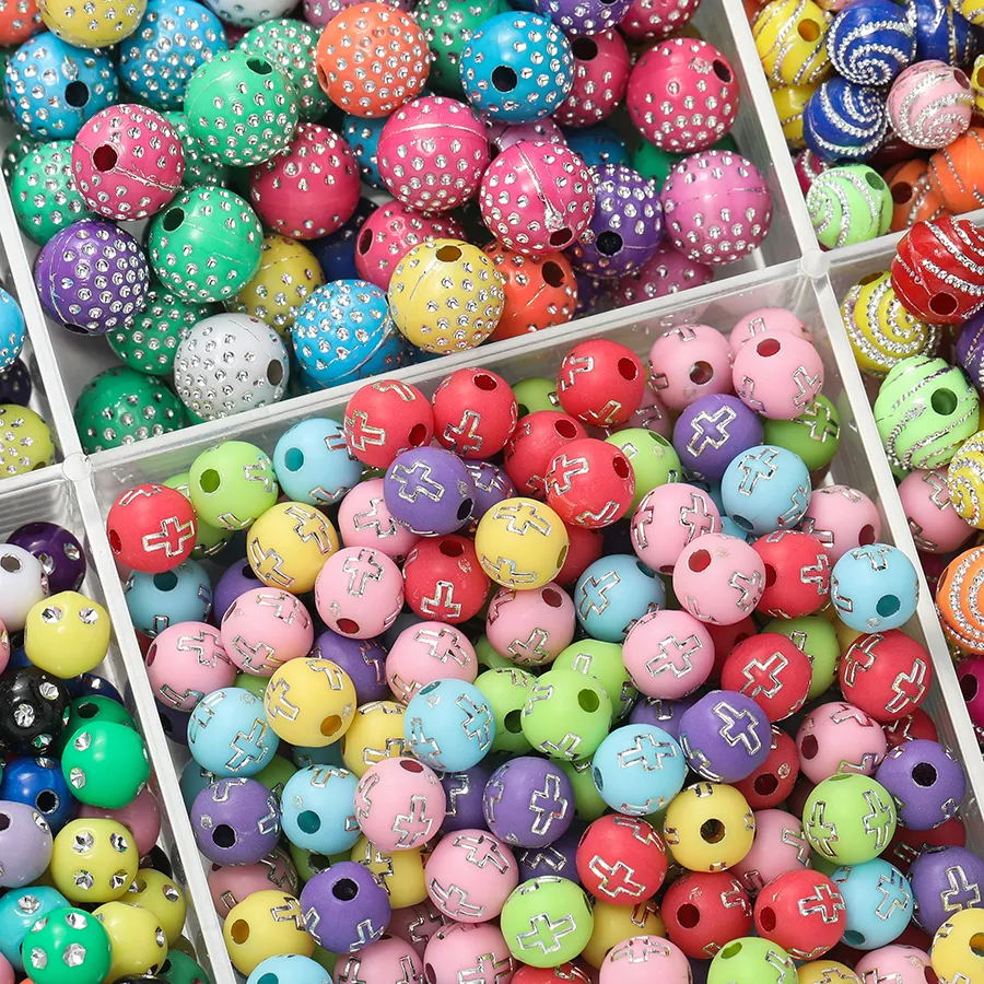 Authentic 50/100Pcs 8/10mm Round mixed Colorful Acrylic Beads With Crystal Rhinestone Spacer Loose Bead for DIY Jewelry Making Accessorie