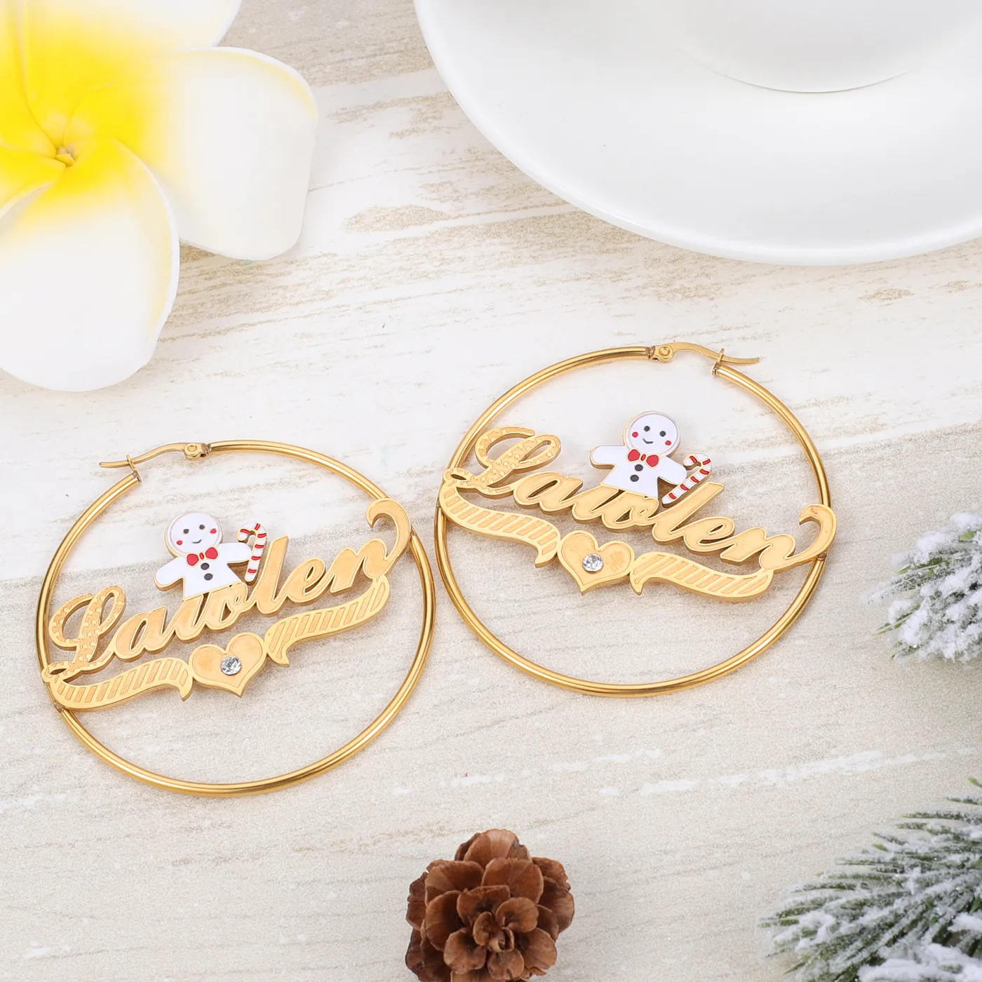 Authentic Dascusto Personalized Name earrings Christmas Gingerbread Man Design Two - Tone Custom Festive Jewelry for Women