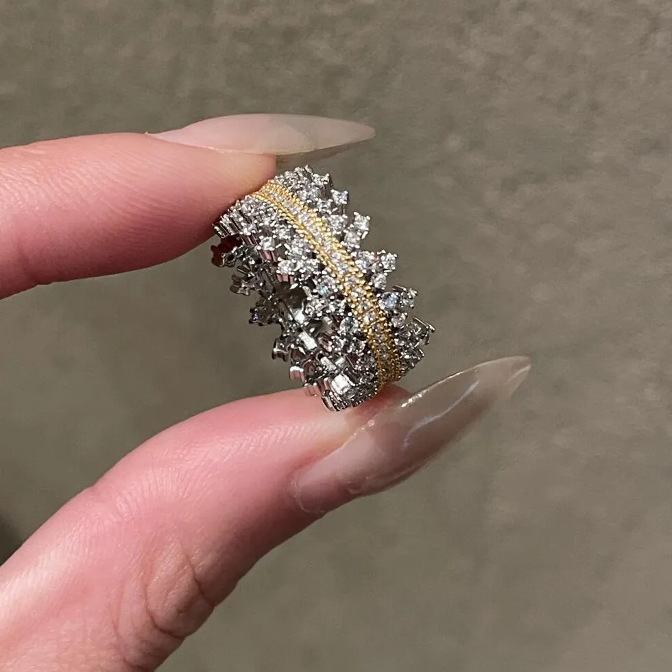 Authentic Sparkling Silver 925 Inlay Full Diamond Two Tone Ring Light Crown Rings Fine Jewelry