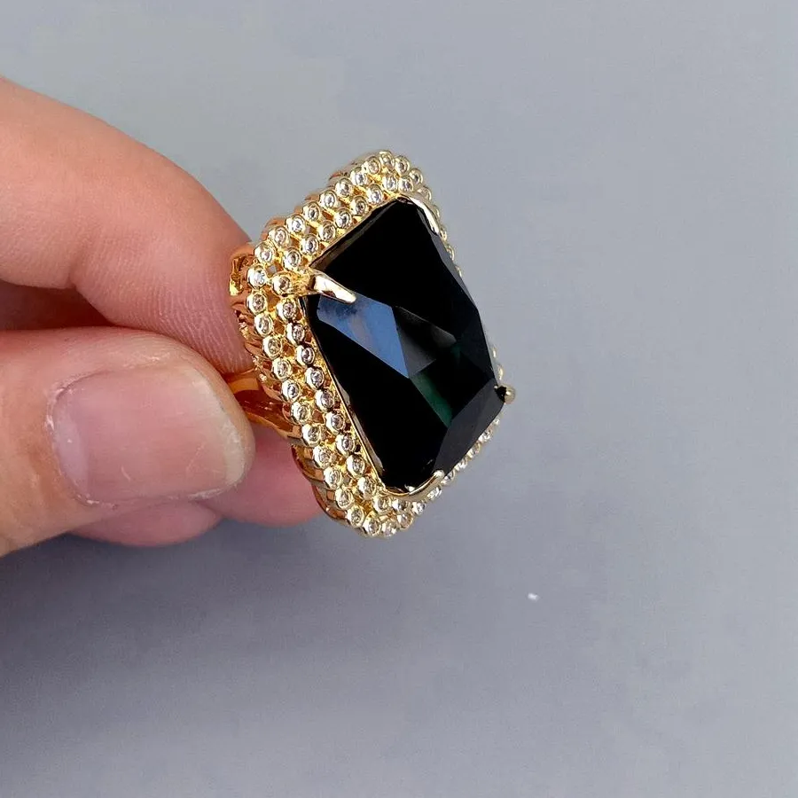 Authentic YYGEM 23x27mm Black Onyx Rectangle Cz Pave Ring Gold Plated Adjustable Ring Party Jewelry