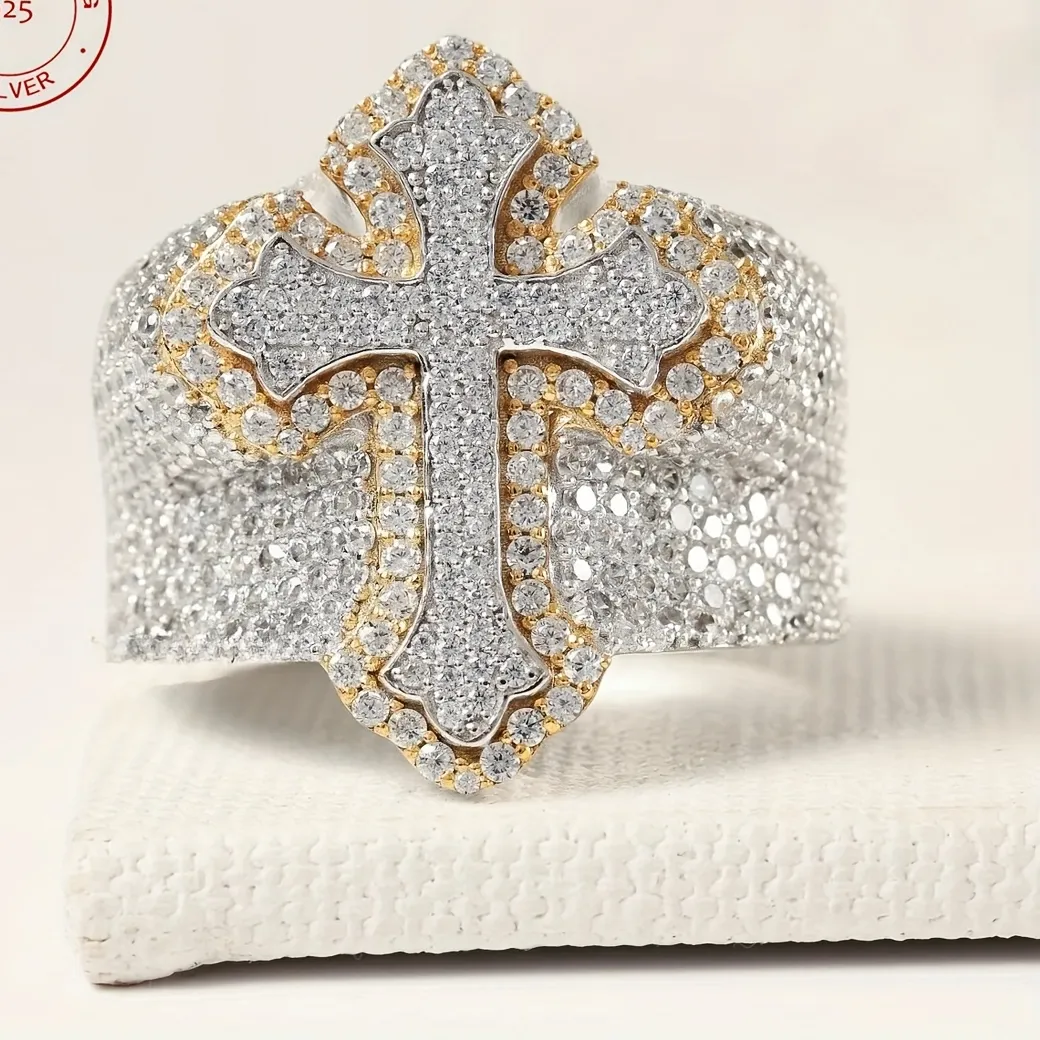 Authentic Arrival Iced Out Cross Ring Hip Hop Bustdown 925 Sterling Silver Rings Two Tone Fine Jewelry