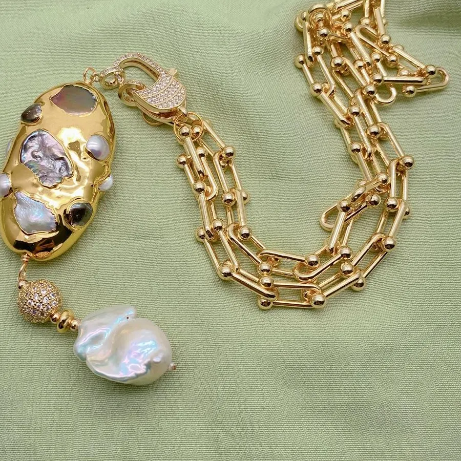 Authentic kkgem 17x23mm White Baroque Pearl   Freshwater Multi Color Pearl Pendant 26x50mm Gold Plated Chain Necklaces