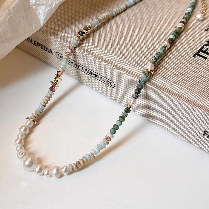 Authentic New Arrival Trendy Mixed Color Natural Stone & Freshwater Pearl 14K Gold Filled Ladies Beads Chain Necklace Jewelry Gift No Fade