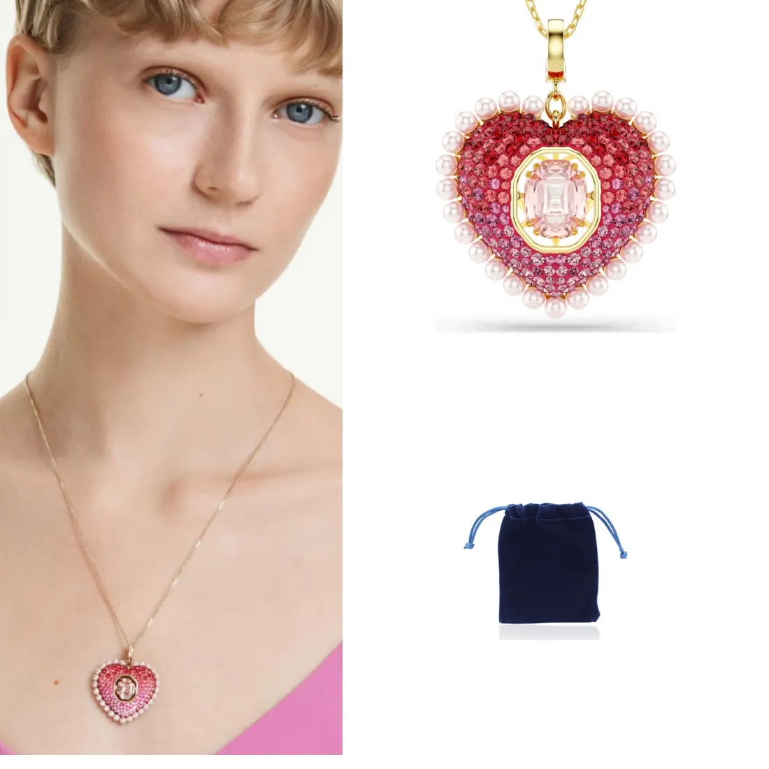 Authentic Idyllia pendant Mixed cuts, Heart, Pink, Gold-tone plated