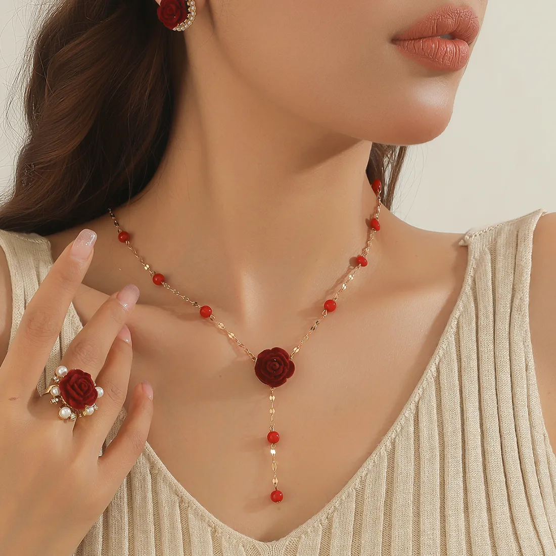 Authentic Vintage Hong Kong Style Burgundy Rose Imitation Pearl Necklace Ring Earring Set Suitable for Daily Wedding Wear Holiday Gifts