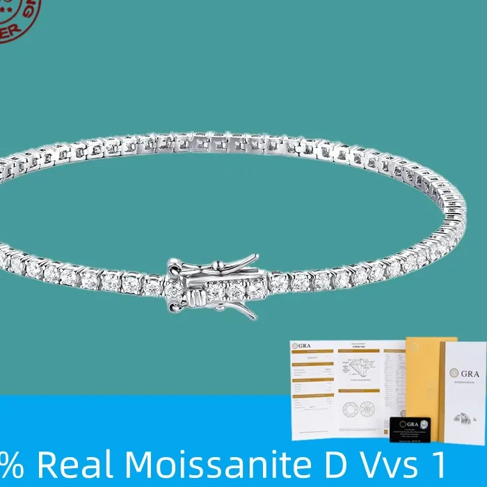 Authentic 100% S925 Sterling Silver 2-6mm Real Moissanite Tennis Bracelet for Women Wedding Jewelry Christmas Exquisite Gift