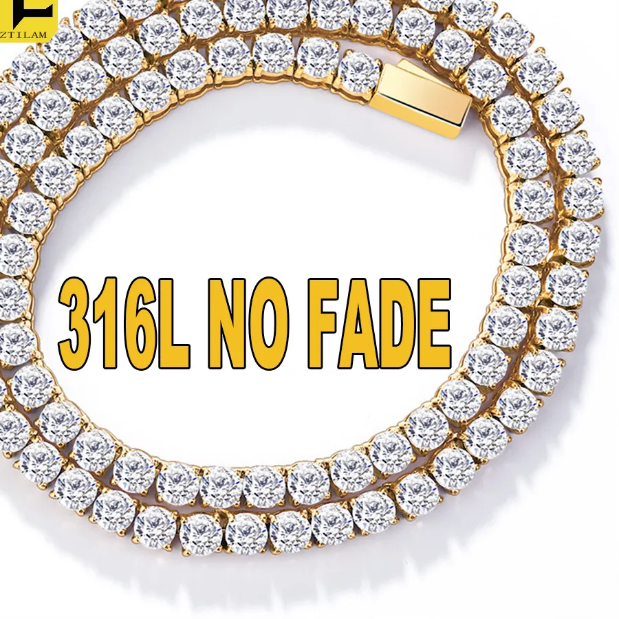 Authentic 3 4 5Mm 316L Iced Out Tennis Chain Necklace Zircon No Fade Link Chain Hip Hop Jewelry