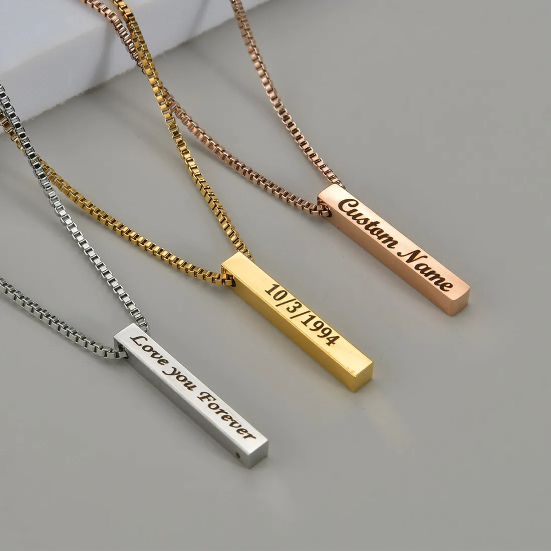 Authentic Four Sides Engraving Name Date Square Pendant Necklaces New Customized Stainless Steel Box Chain Gift Jewelry For Women/Men